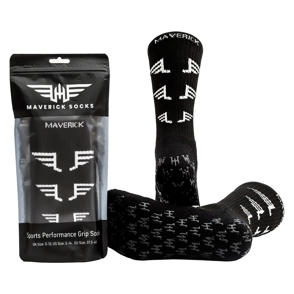 Black Maverick grip socks with packaging and the grip sole