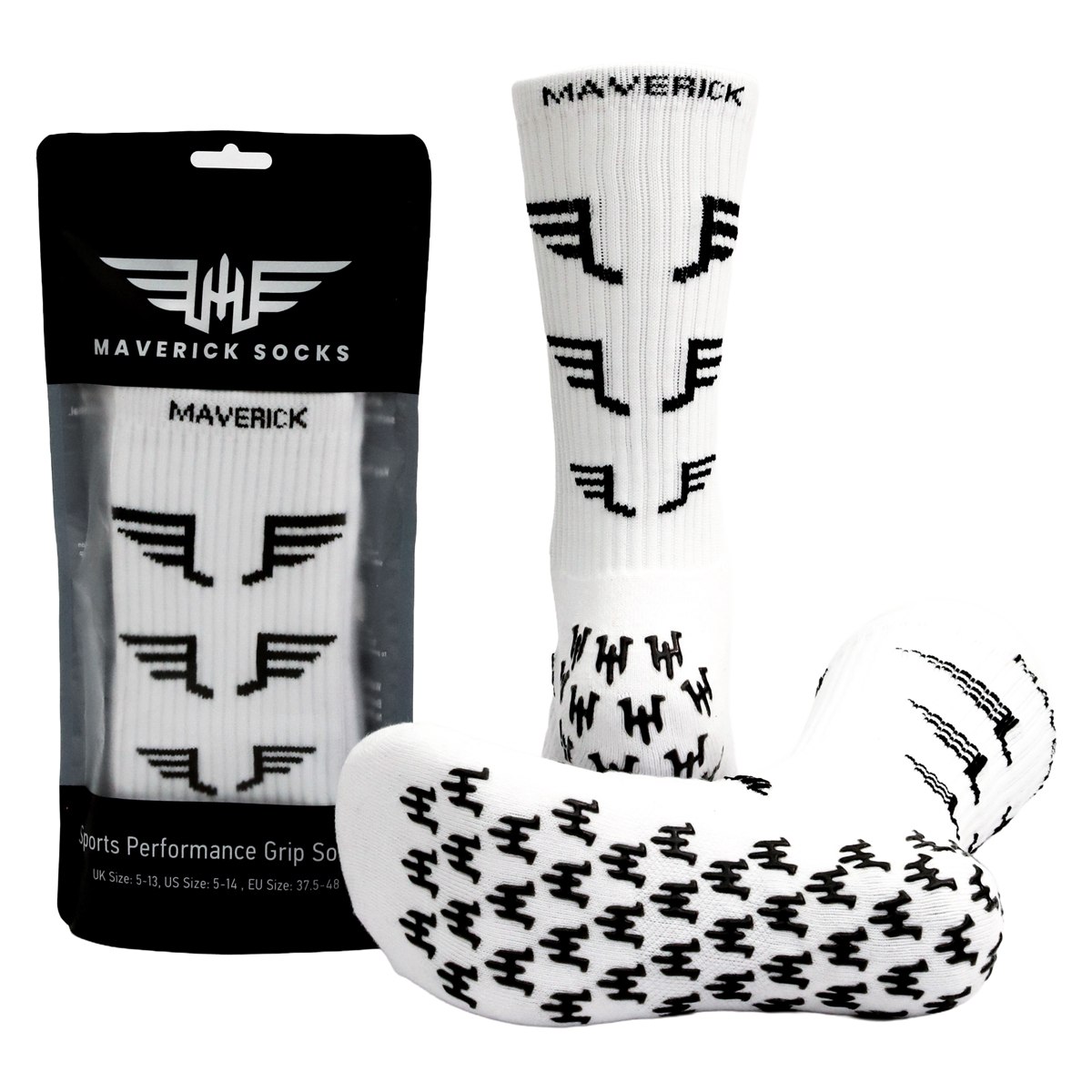White Maverick grip socks with packaging and the grip sole